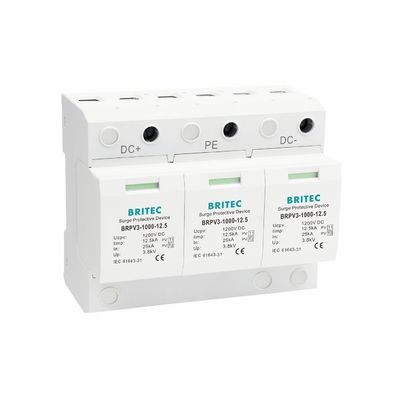 BRPV3-1000-12.5 Bộ triệt xung PV 1000V Loại 1 cho Tấm pin mặt trời, bảo vệ chống sét trên thanh ray DIN