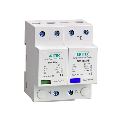 Năng lượng 25kA Loại 1 Bảo vệ điện giật BR-25M 1+1 Điện áp thấp 275V/255V