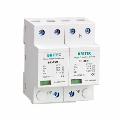 Bộ chống sét 25kA Loại 1 275V 1.3kV T1 10/350us 2P Một pha