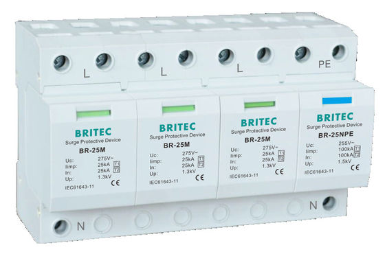 BR-25M 3P+1NPE 25kA T1+T2 Varistor Surge arrester B+C Điện áp thấp 3 giai đoạn AC Spd Lightning Protector