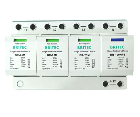 BRITEC BR-25M 3 + 1 Thiết bị bảo vệ vượt sức mạnh loại 1 với 25kA Iimp Pluggable Module Thiết bị bảo vệ vượt sức mạnh loại 1